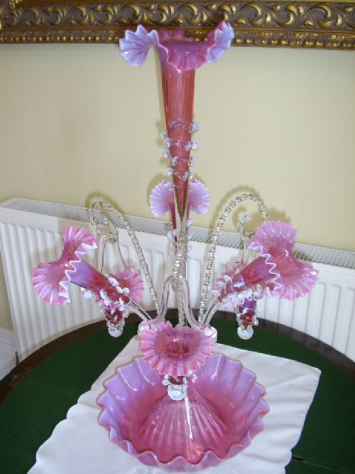 20thc venetian cranberry glass epergne with flutted trumpets hanging basket cones height 26 inches high