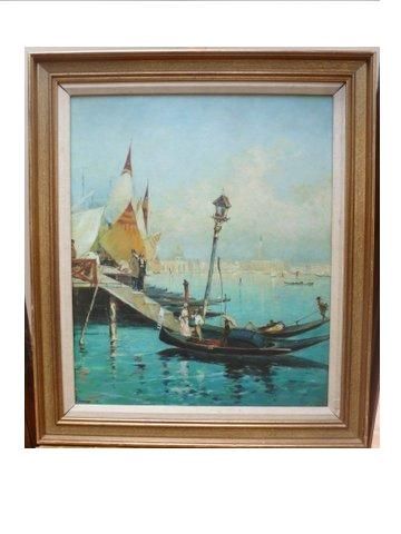 venice oil painting on canvas of two gondolas moored 29 x 25 inches signed jcullen