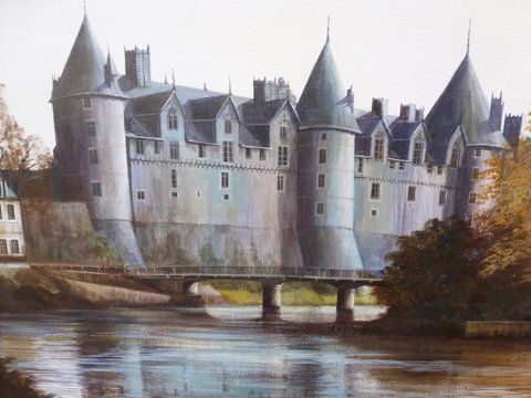 stunning large panoramic landscape oil painting of french chateaux de josselin brittany france by artist kevin platt original framed size 53 x 22 inches