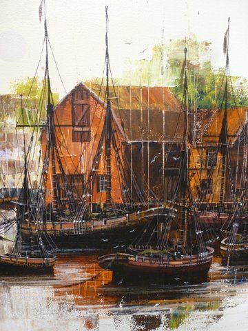 large quality original oil painting on canvas of harbour with vessels moored by artist kevin platt framed size 47 x 25 inches