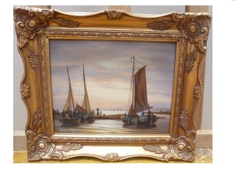 marine oil painting by bernard page of sailing vessels in the dutch manner