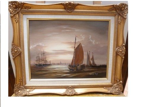 oil painting by bernard page dutch manner of fishing vessels with large masted schooners in the distance