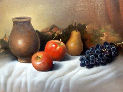 quality still life fruit oil painting by rvilla of a vase with apples pear and grapes on a white tablecloth in original frame