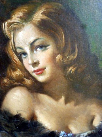 oil portrait painting on canvas of beautiful blonde seductive young lady with flower in hair 1950 gilt decorative frame
