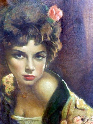 oil portrait painting on canvas of beautiful seductive young lady with flower in hair and one of a pair offered separately 1950 in gilt decorative frame