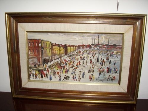 rare oil on board after lslowry titled market day inside original period frame