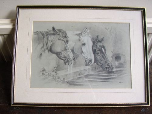 pencil drawing horses drinking after jfherring snrsigned pstafford