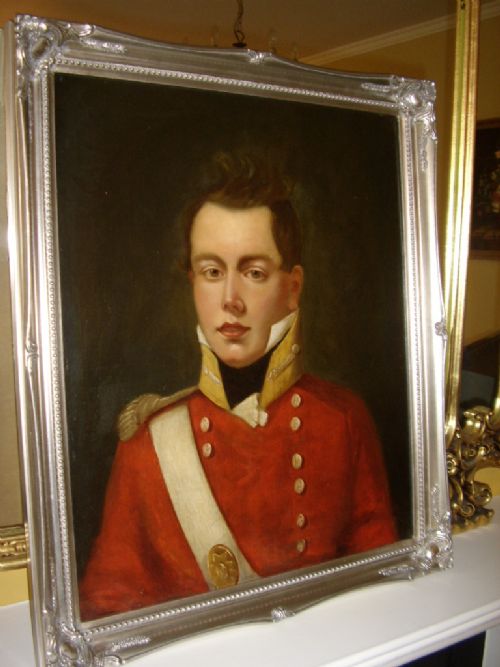 regency oil portrait of british redcoat officer c1820english school painting 27x23 silvered frame