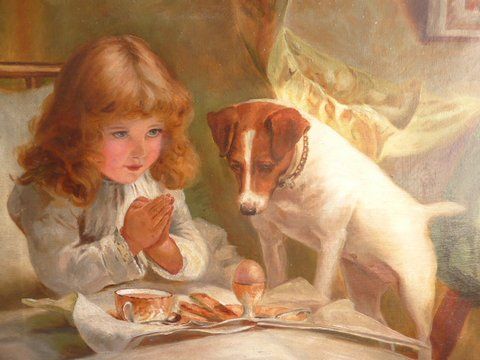 beautiful oil painting of young girl jack russell terrier titled suspense after charles burton barber