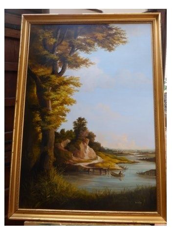 large river landscape oil painting by bernard page in the 19thc manner 42 x 30 inches