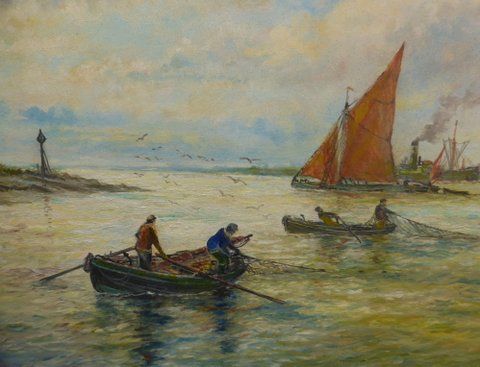 oil painting of fisherman retrieving nets off medway coast by artist andrew kennedy one of a pair offered