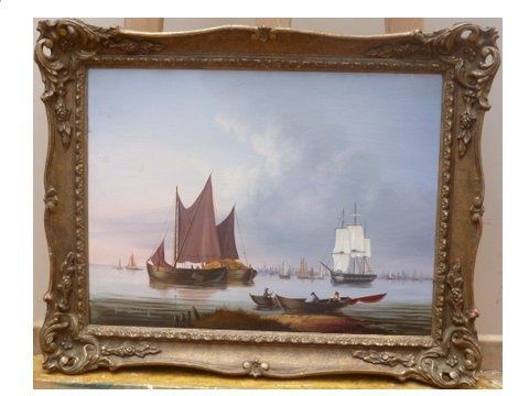 marine oil painting by bernard page in the dutch manner of fishing vessels and a masted schooner