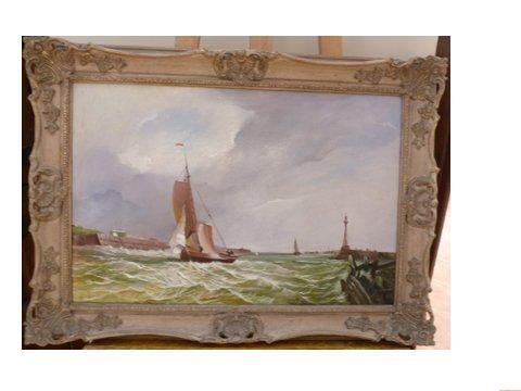 fine oil painting of sailing vessel heading toward the harbour entrance in rough choppy seas presented in decorative swept frame 29 x 26 inchesone of a pair offered separately