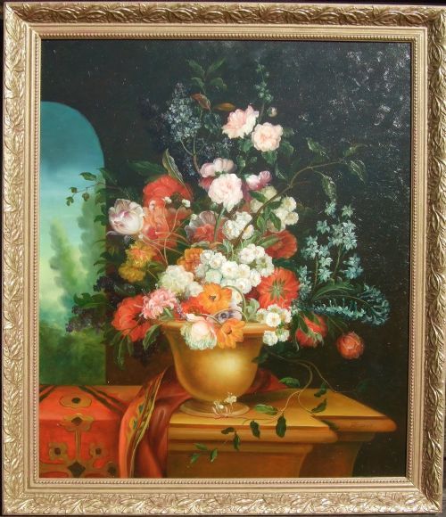 still life flower oil painting in decorative gilt frame 25 x 30 inches