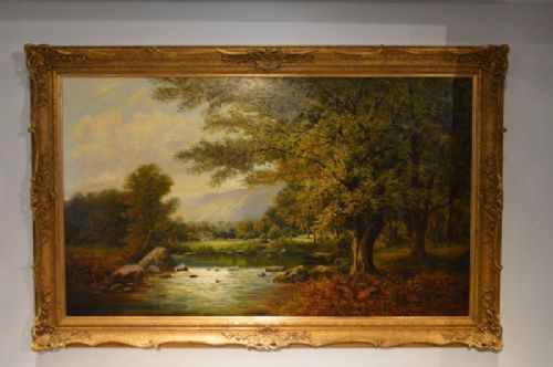 19thc landscape oil painting by arthur herbert buckland of river with cattle size 56 x 36 inches