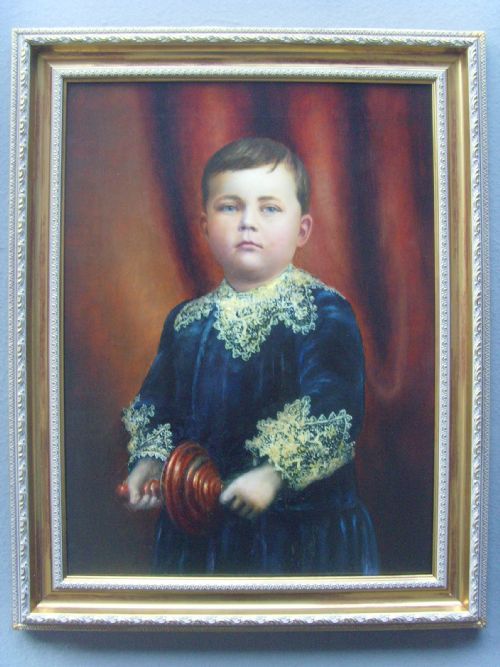 19th century oil portrait painting of young boy holding wooden spinning top size 29 x 23 inches