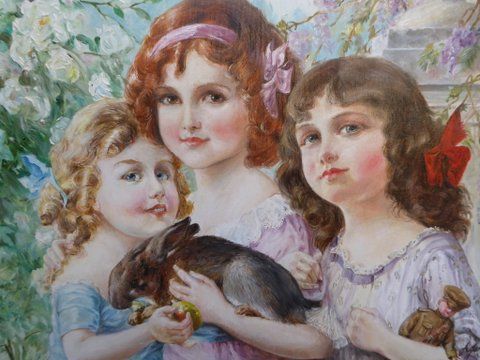 fine oil portrait painting of three young sisters