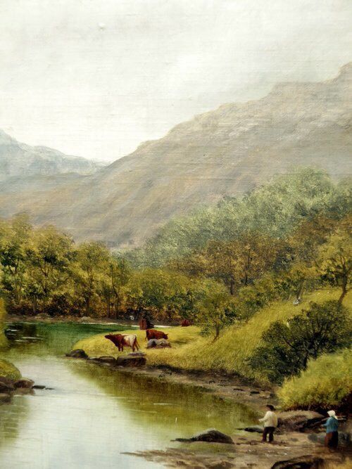19thc river landscape oil painting with cattle watering