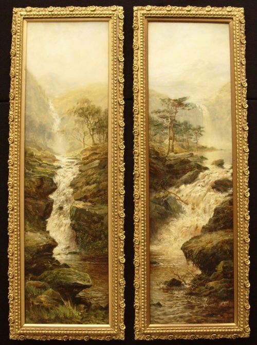 pair reserved landscape oil paintings of mountain waterfalls signed tom seymour