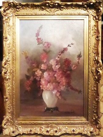 dutch still life oil painting of lilac pink wax begonia flowers in a vase by artist mvan lente
