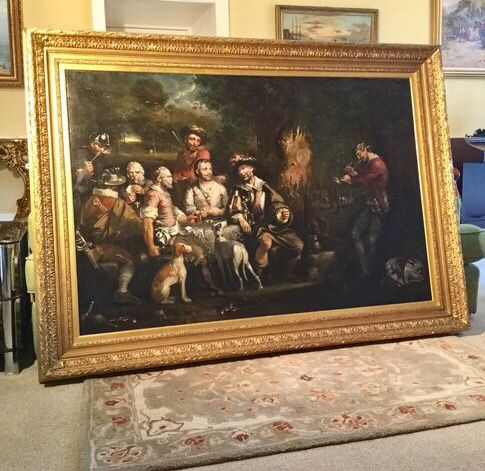 huge 18thc oil portrait painting on canvas banditti by artist robert surtees snr of mainsforth hall county durham antique figurative art pet dogs in forest gilt frames