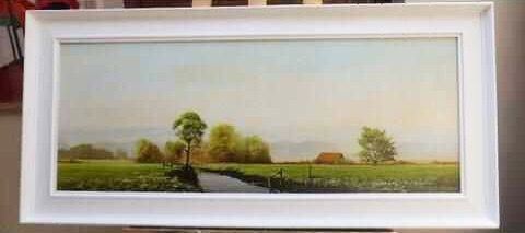 landscape oil painting of sussex countryside by listed artist michael morris 42 x 19 inches