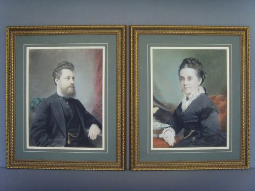 pair 19c pastel gouache portrait paintings of man wife