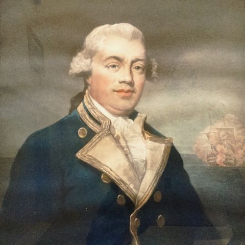 captain john harvey commander hms brunswick coloured naval portrait engraving