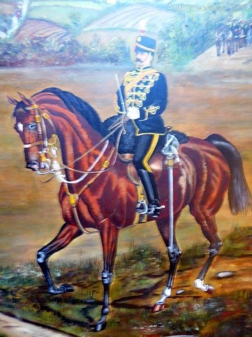 military oil painting officer on horseback kings 8th royal irish hussars regiment company dated 1897