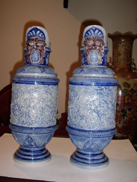 pair austrian factory salt glazed vases decorated with battle scene