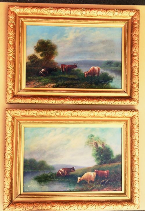 cattle watering river landscape edwardian oil painting c1910