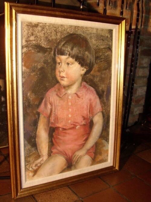 portrait of young boy sitting pastel gouache painting