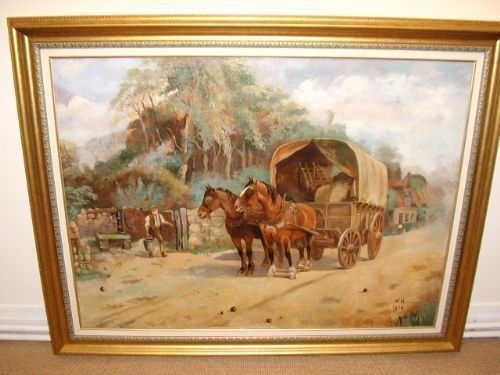 horses and wagon signed wh dated 1928 huge oil portrait painting