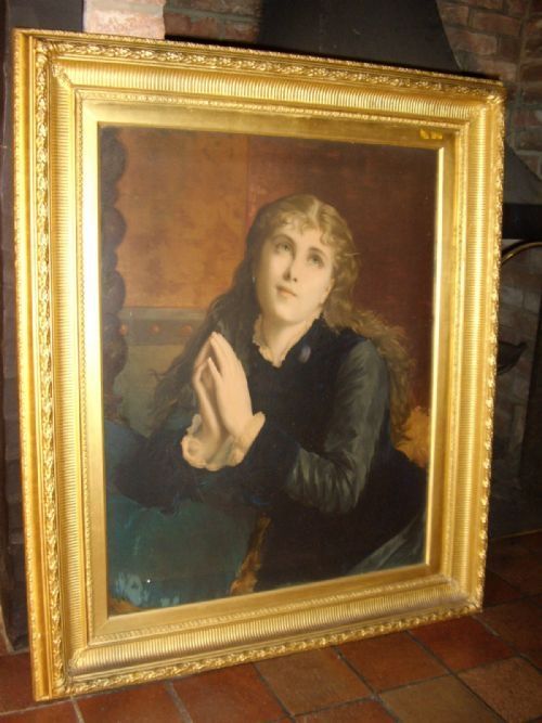 victorian religious oileograph portrait of angelic young lady praying