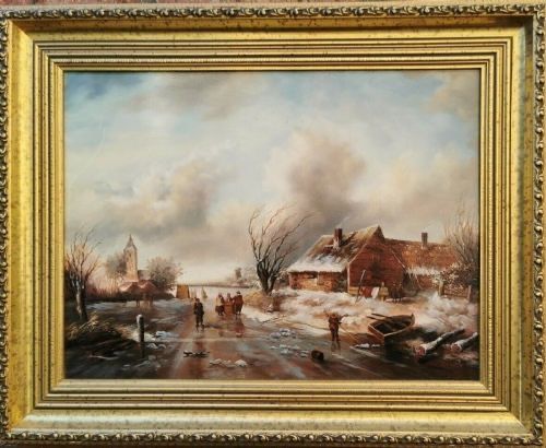 winter landscape oil portrait painting dutch manner