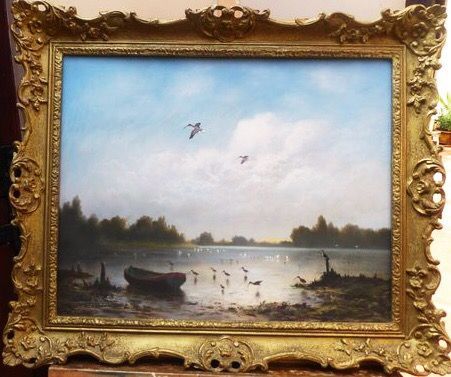 river landscape pastel painting by artist bertouch titled the blue lagoon ibis birds in flight