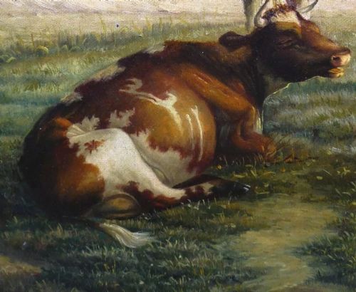 19th landscape cattle resting by heinrich harder 18581935 oil portrait painting of a bull