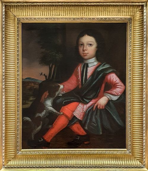 18th portrait circle of james maubert oil painting of young boy and pet spaniel dog