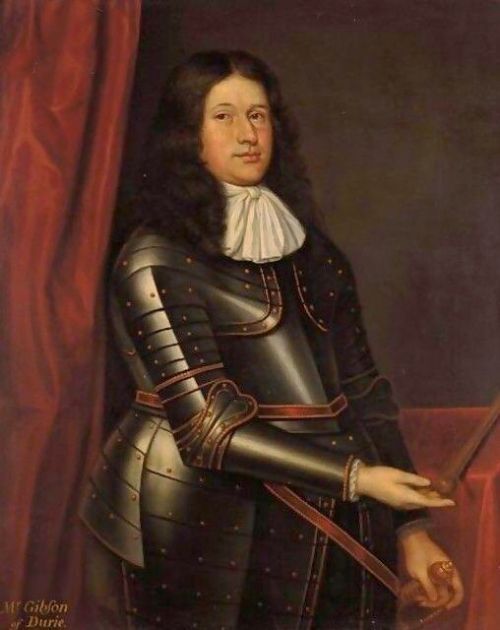 mr gibson of durie 17th oil portrait painting studio of david scougall wearing full suit of armour
