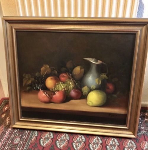 oil painting fruit still life portrait of grapes apples lemon jug