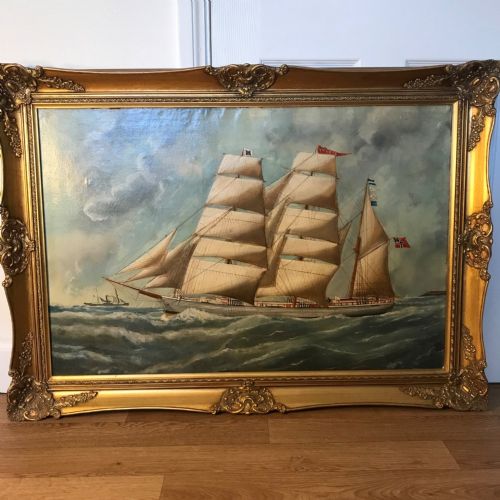 19th historical marine oil painting three masted schooner sailing ship norwegian wooden barque