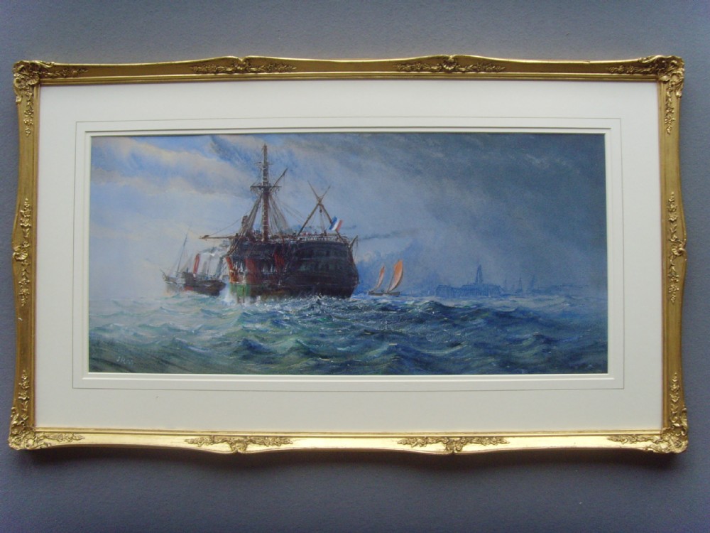 marine watercolour of a damaged french warship being towed by a steam tug into harbour titled verso towed to harbour by artist john robert mather b1834d1879initialed rjm approxsize 33 x 20 inches overall