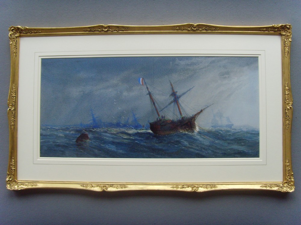marine watercolour of a damaged french warship with its sails reefed heeling over in the strong winds requiring rescue titled verso gale off the french coast by artist john robert mather b1834d1879approxsize 33 x 20 inches overall