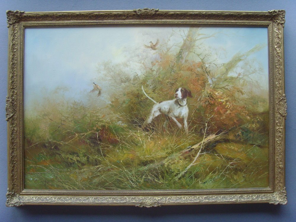superb large oil painting on canvas of a pointer flushing out pheasants in the undergrowth painted by sought after artist frank jason presented in the original decorative gilt swept frame size 40 x 28 inches