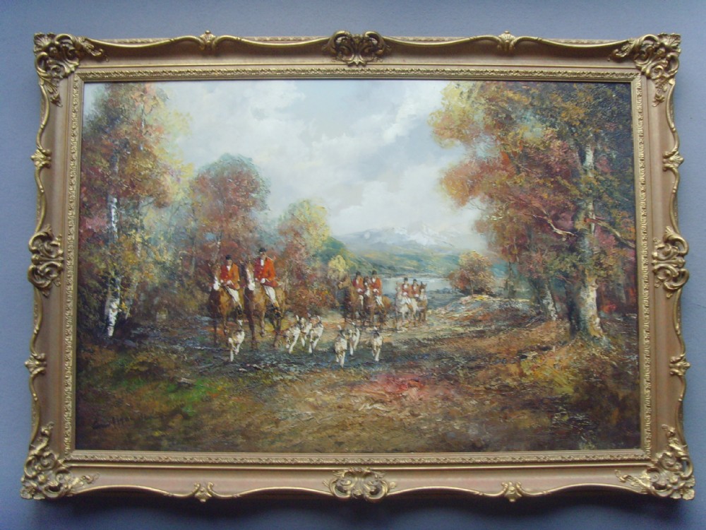 impressionist oil painting on canvas of a hunt in progress with a pack of hound giving chase presented in original decorative frame size 41 x 29 inches