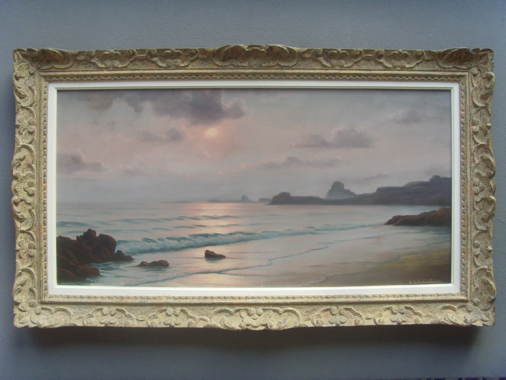 roger de la corbiere 4ftwide panoramic oil painting of brittany coastline with the sunsetting measuring 4ft width x height 2ft 3 inches in perfect condition