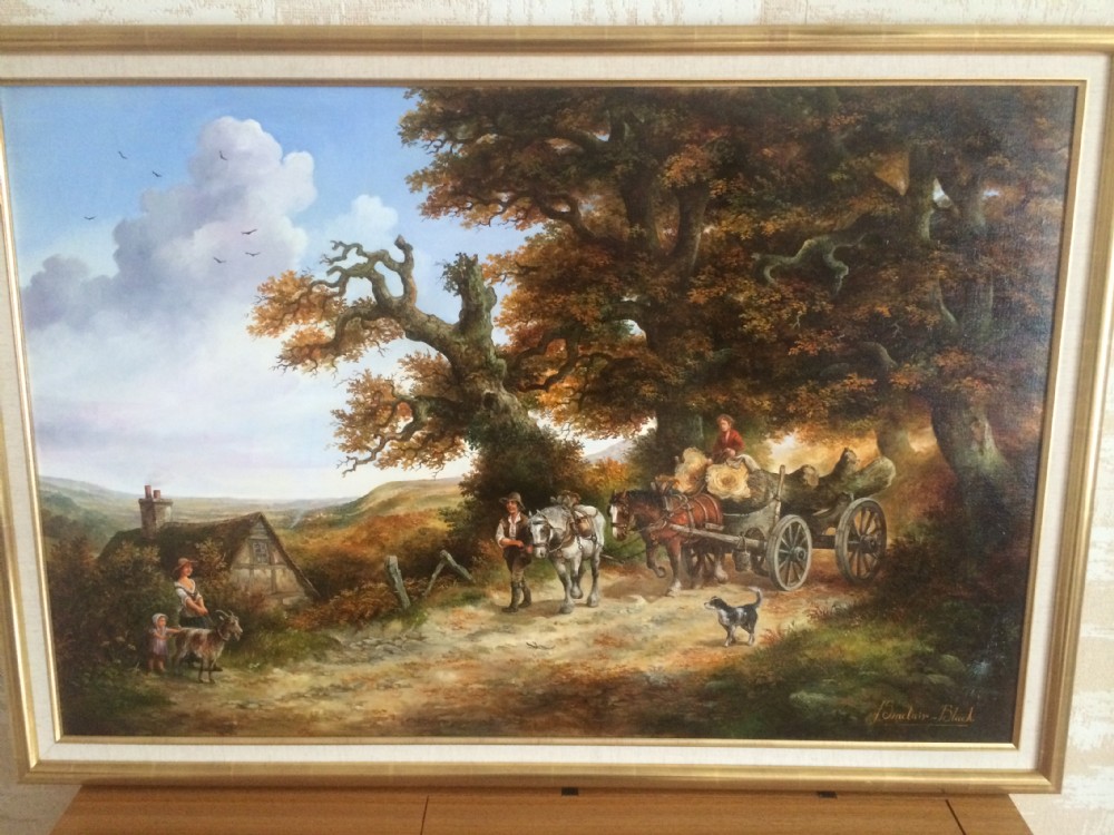 large oil painting by john sinclairblack of horse drawn logging cart moving a pair of heavy tree trunks 39 x 275 inches in original gilt frame