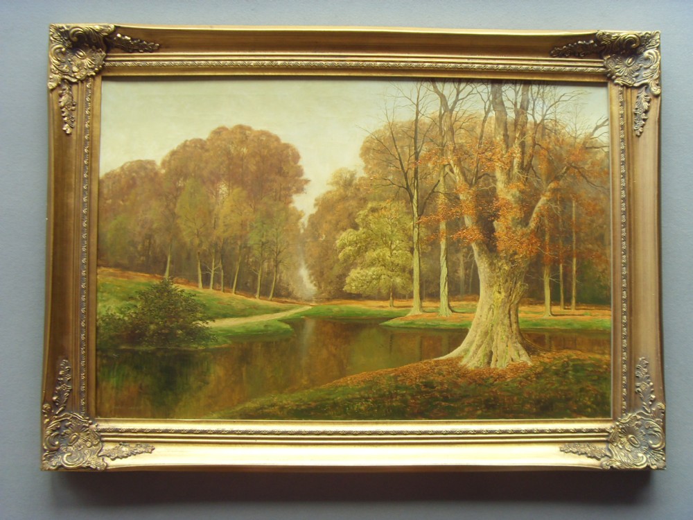 large landscape oil painting on canvas by listed artist david mead depicting a lavish green autumnal view with calm pool presented in gilt frame 108cm x 77cm