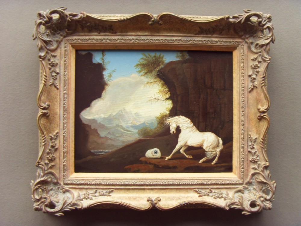 eyecatching oil painting of a white stallion after greek mythology by artist michael scott presented in ornate swept antique style frame 26 x 22 inches