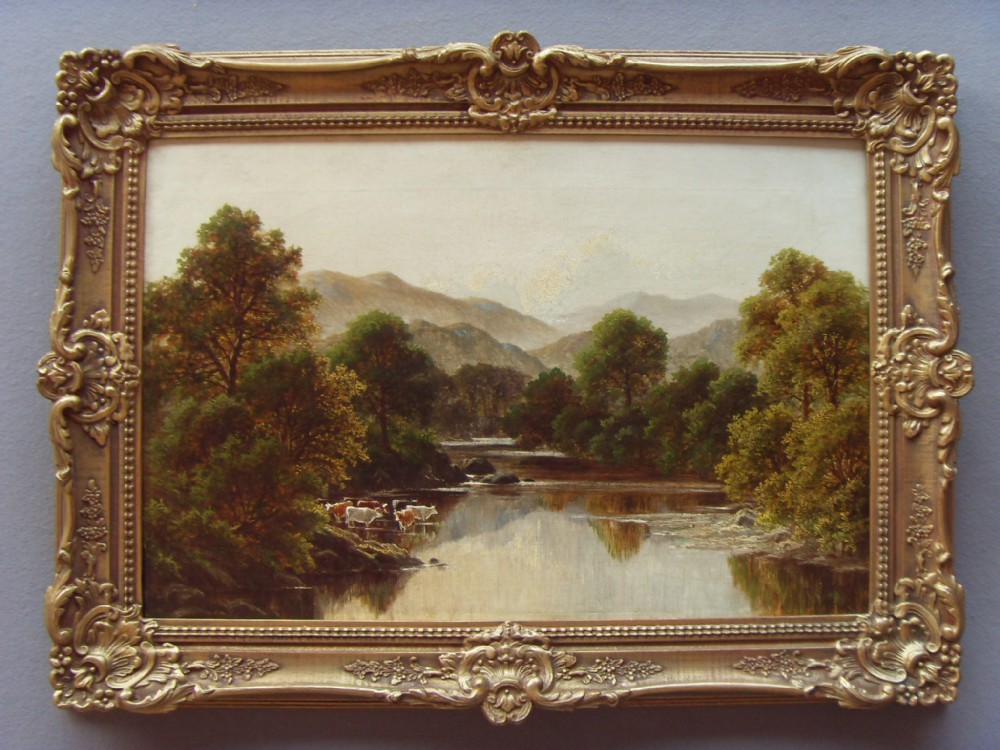 fine quality river landscape oil painting with cattle watering by listed artist robert mann c1880 presented in beautiful swept gilded frame 30 x 22 approx